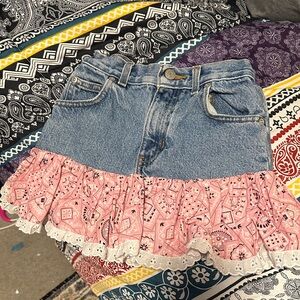 Denim Mini Skirt with Pink Bandana Ruffle and Eyelet Trim